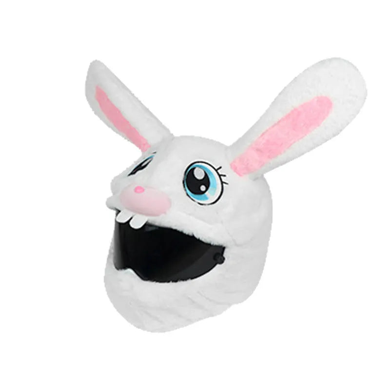 Long eared white rabbit plush cover on an electric motorcycle helmet.