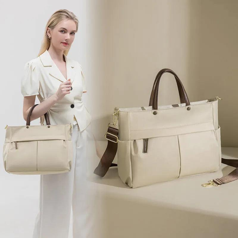 Women's Oxford cloth briefcase laptop bag with contrast stitching in elegant black colour