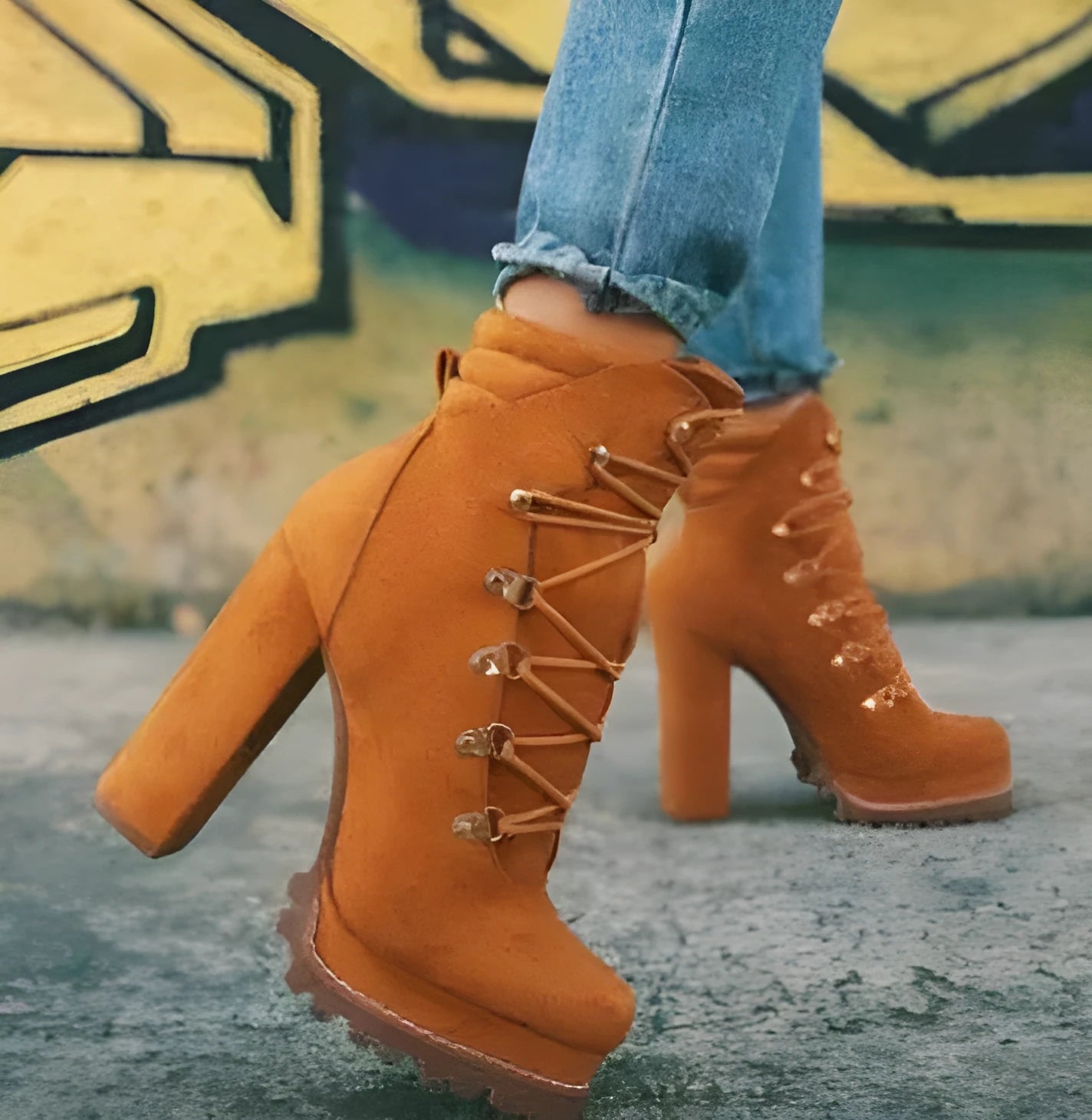 Women's suede high heel boots with round toe, thick heel, and Roman-style rivet and buckle details