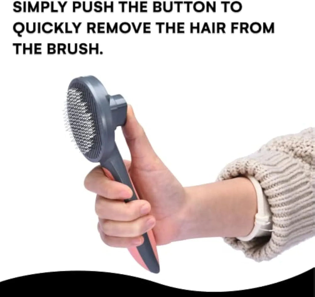 Grey self-cleaning slicker brush for pets with a one-click button and comfort-grip handle