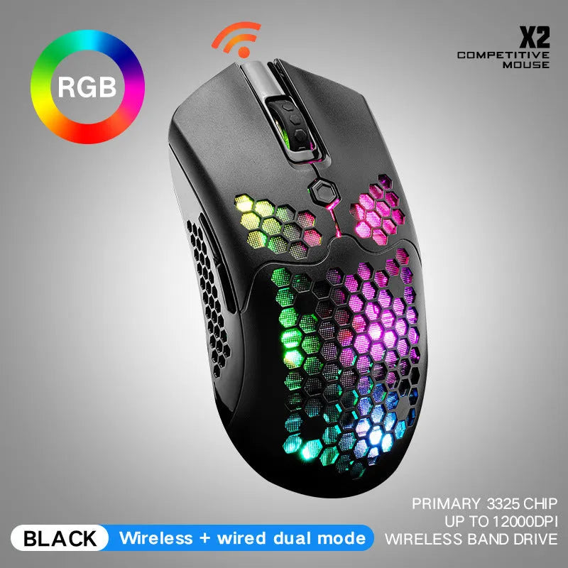 Free Wolf X2 wireless RGB gaming mouse with honeycomb shell in various colours on a desk.