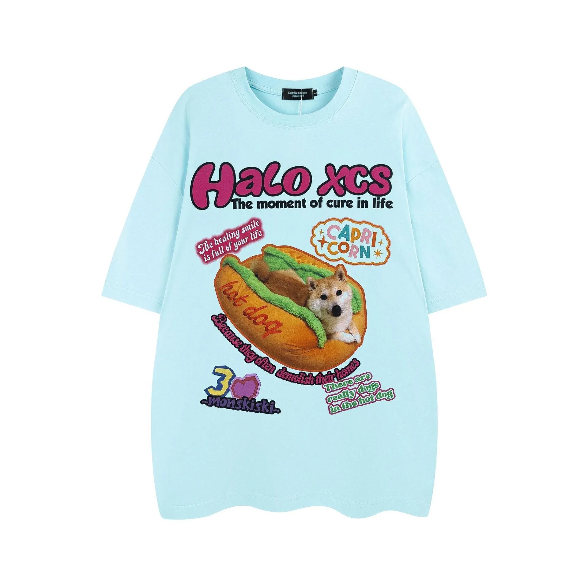 Cartoon hamburger dog printed cotton t-shirt in loose style with round neck collar