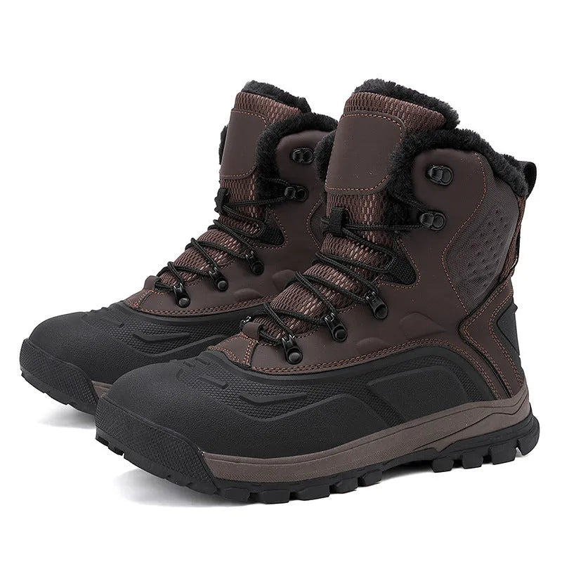 Men's black fleece-lined high-top boots with velvet lining and lace-up front