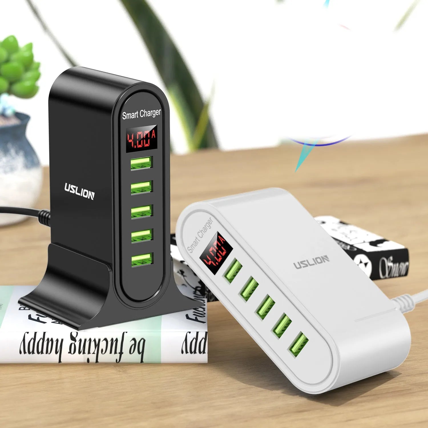 Smart USB charger with LED digital display showing charging status, available in black or white with UK EU US plug options