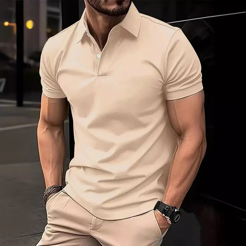 Men's slim fit short sleeve button shirt in a solid colour on a hanger.