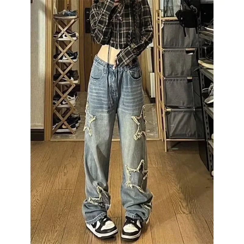 Blue high waist wide-leg women's jeans with straight-leg cut on cotton denim fabric