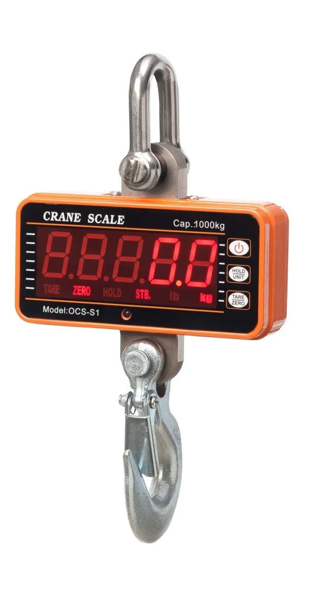 Orange electronic crane scale with digital display showing weight measurement