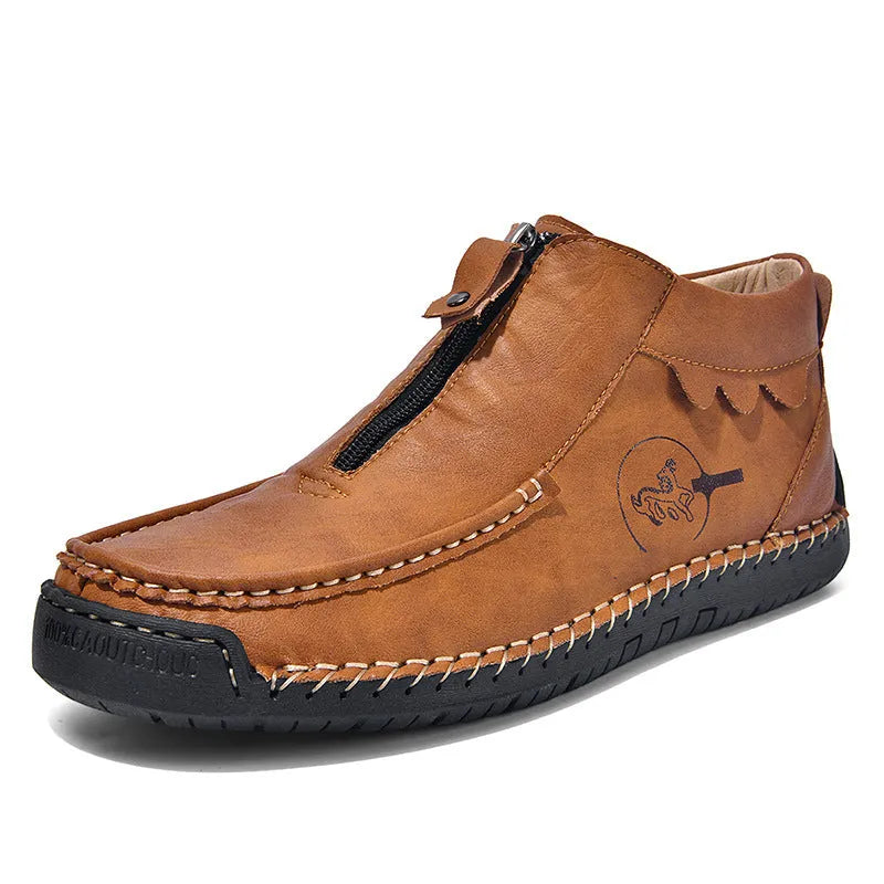 Men's black slip-on leather loafers with round toe and low heel design