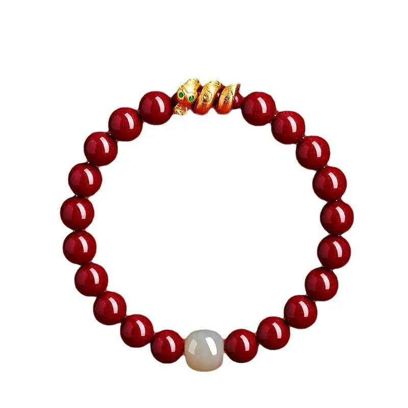 Handmade Chinese-style cinnabar bracelet with snake zodiac beads, shown in 6mm and 8mm sizes.