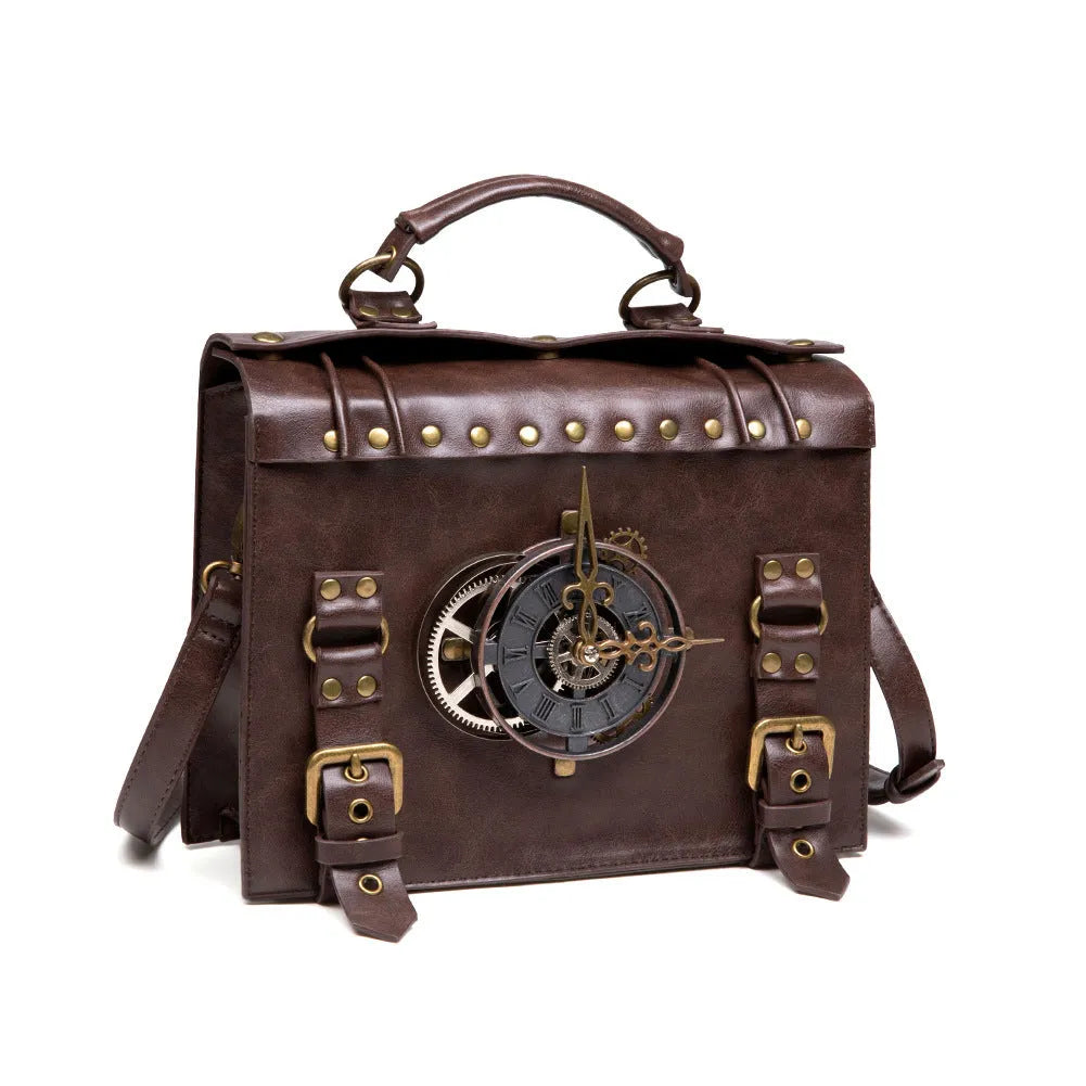 Bronze steampunk industrial retro shoulder bag with horizontal square pillow design and metal accents