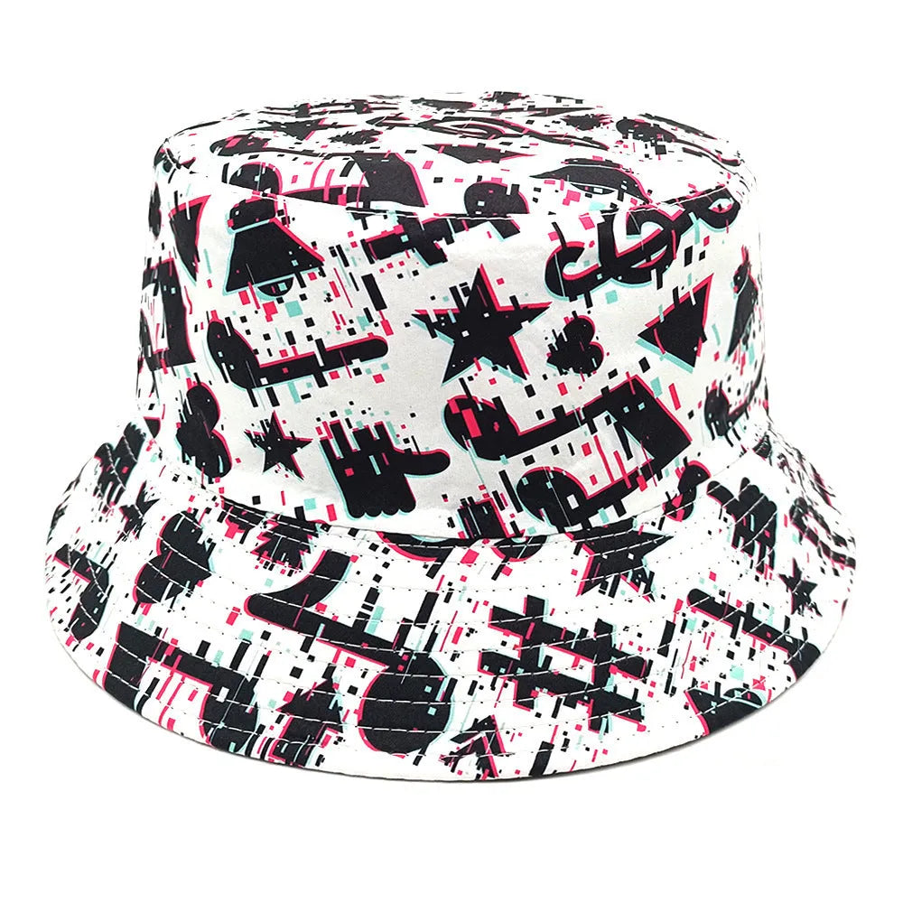 A retro bucket hat with a musical note pattern print, shown in a dome crown style.