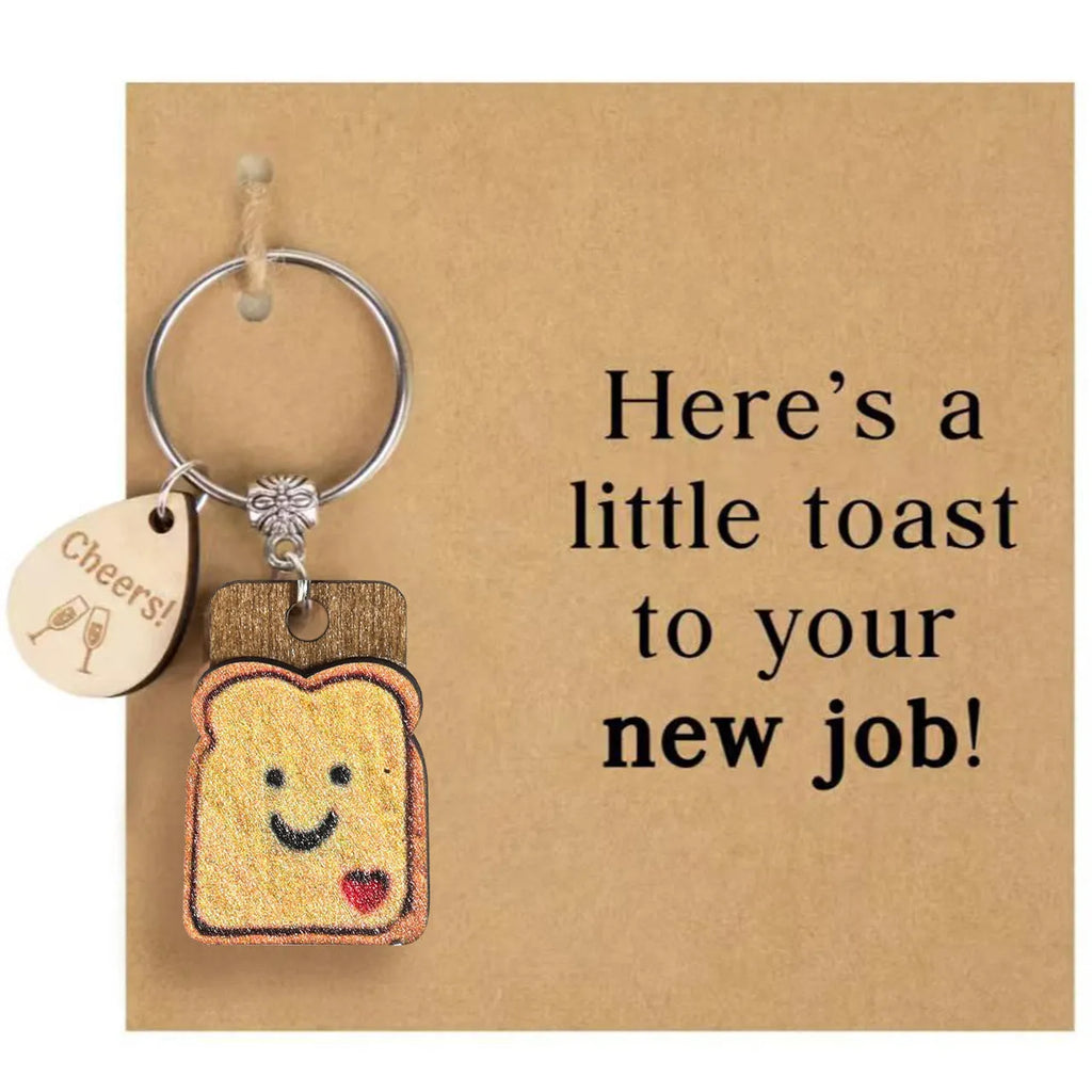 Cute bread wooden board water drop pendant alloy key ring with toast design on white background