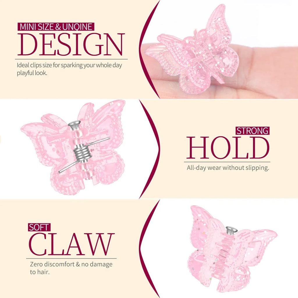 Set of 50 glitter mini butterfly-shaped hair claw clips in assorted colours on a white background.