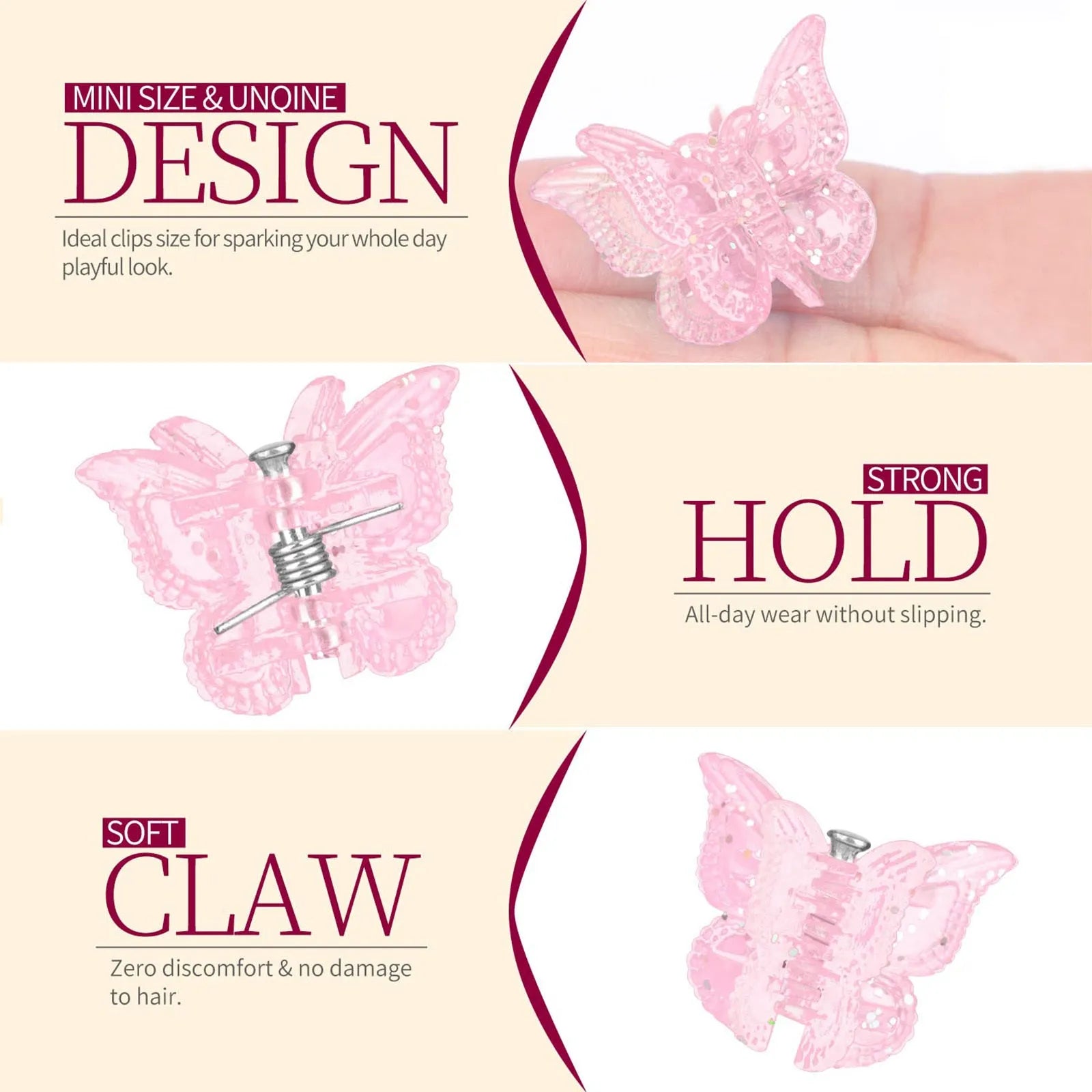 Set of 50 glitter mini butterfly-shaped hair claw clips in assorted colours on a white background.