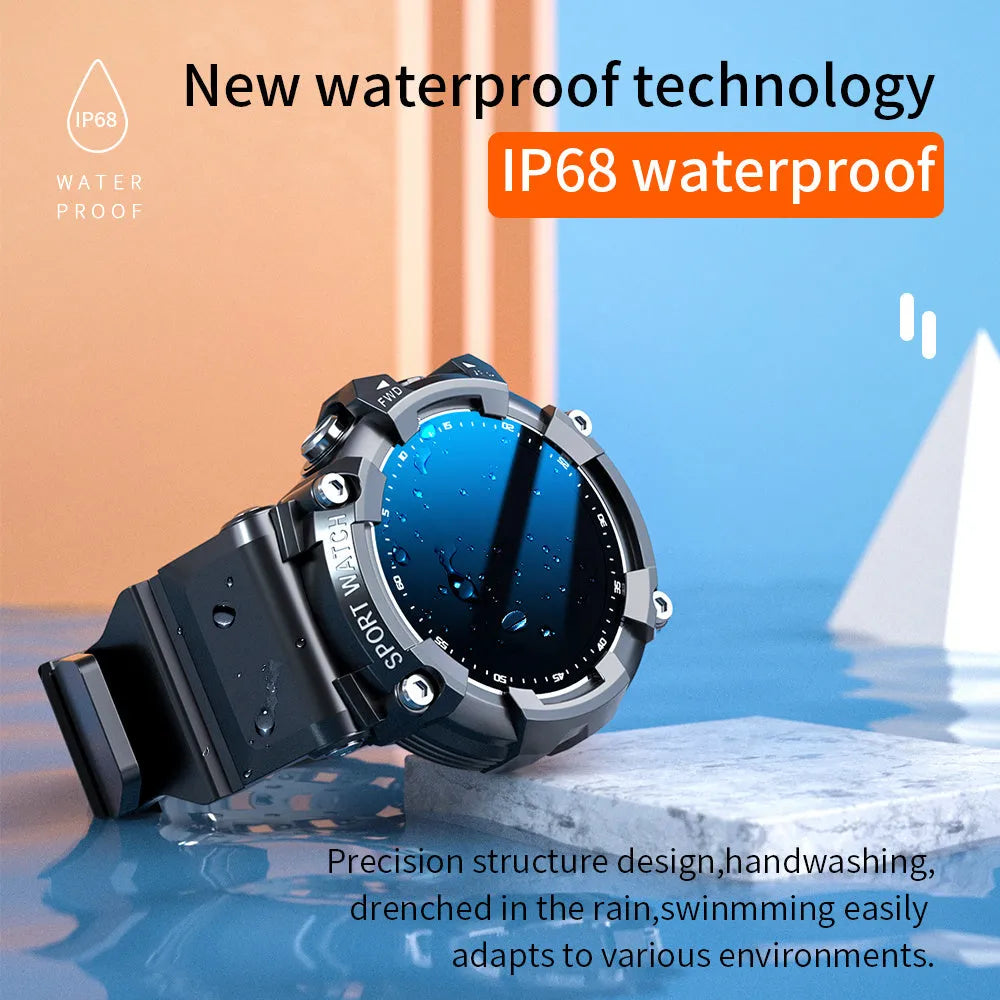 IP67 waterproof smart sports watch with round colour screen showing health metrics