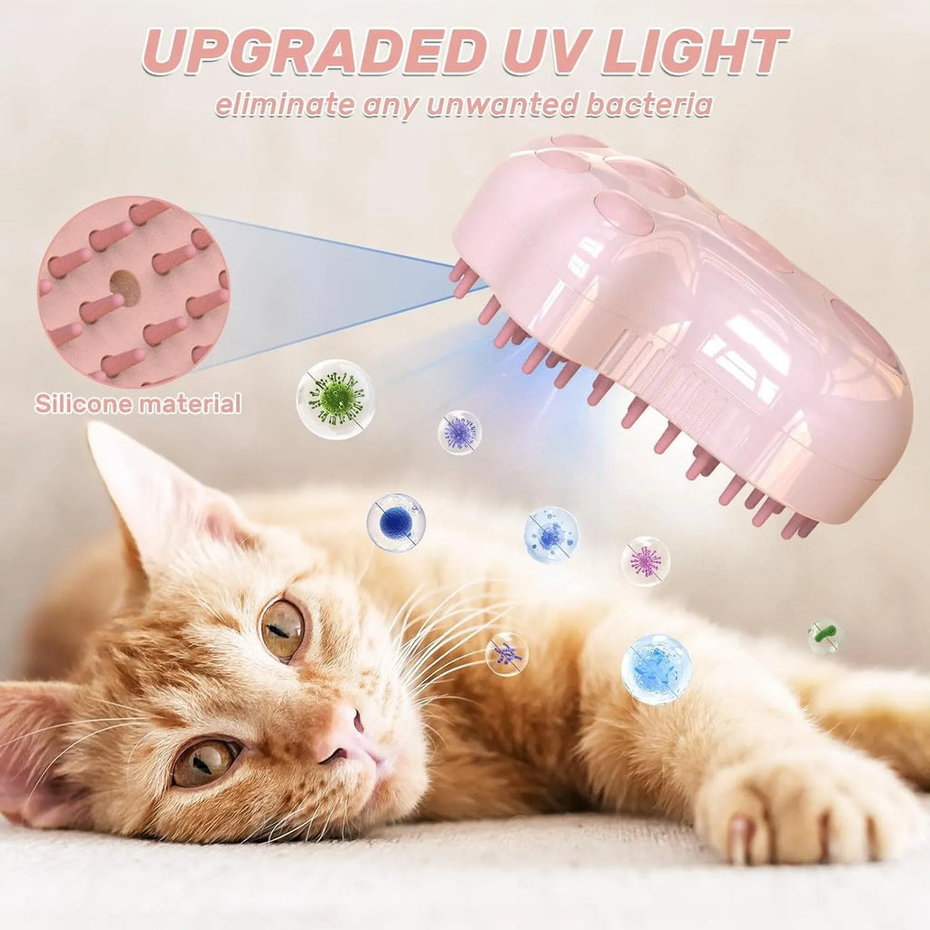 Self-cleaning cat steam brush with silicone bristles and rechargeable spray in blue colour