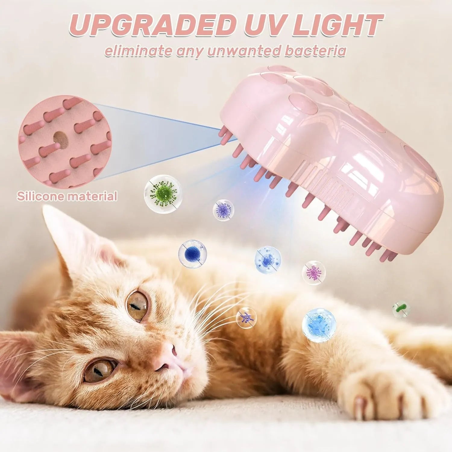 Self-cleaning cat steam brush with silicone bristles and rechargeable spray in blue colour