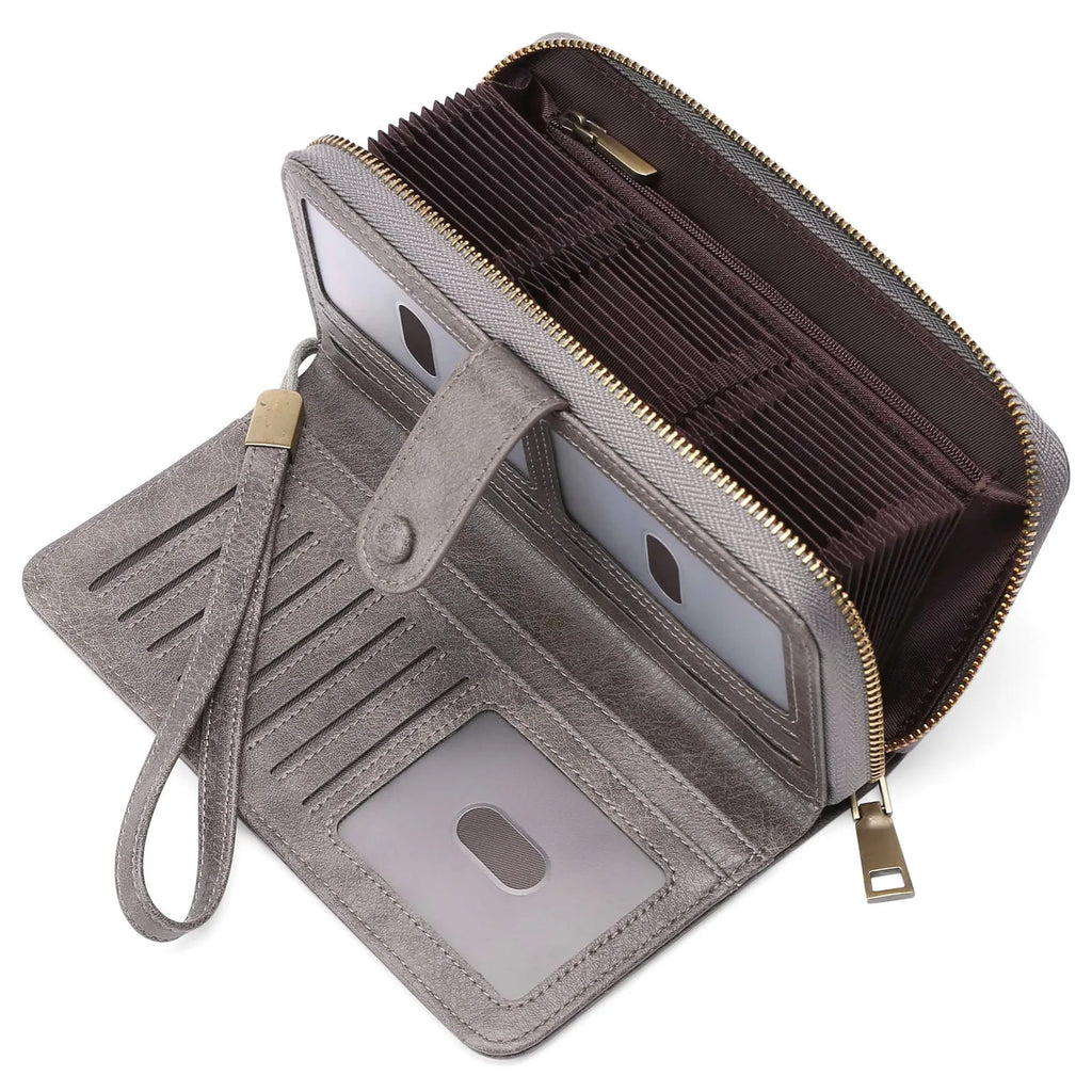 Women's expanding card holder long wallet in multiple colour options showing passport compartment and card slots