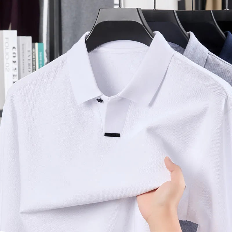 Men's loose fit cotton polo shirt with long sleeves and asymmetric lapel in multiple colours