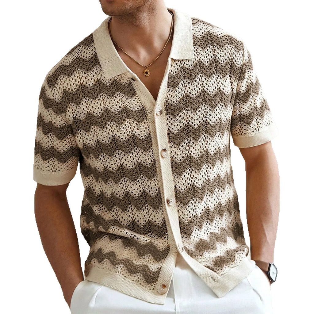 Yellow short-sleeve corduroy sweater with flocked jacquard pattern on a hanger.