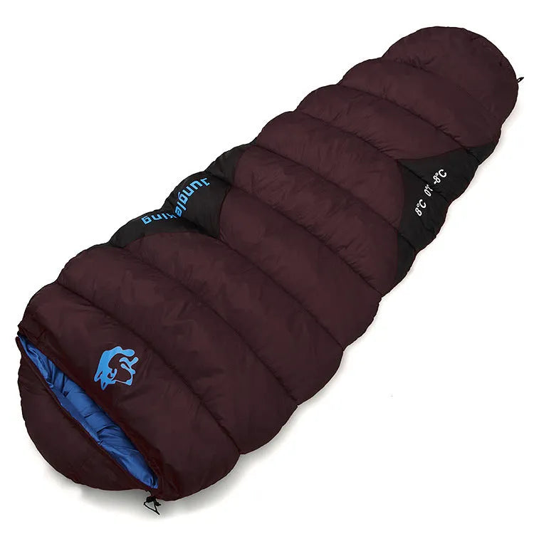 Cotton sleeping bag compressed in storage bag beside expanded sleeping bag showing 230cm length