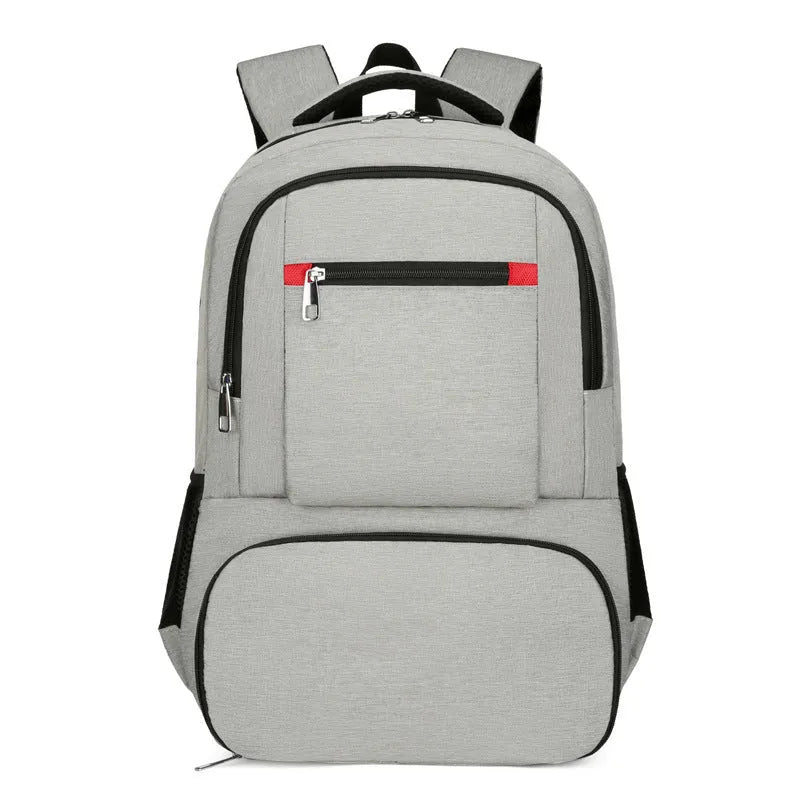 Light grey Oxford cloth insulated picnic backpack with curved shoulder straps showing dry-wet separation compartments