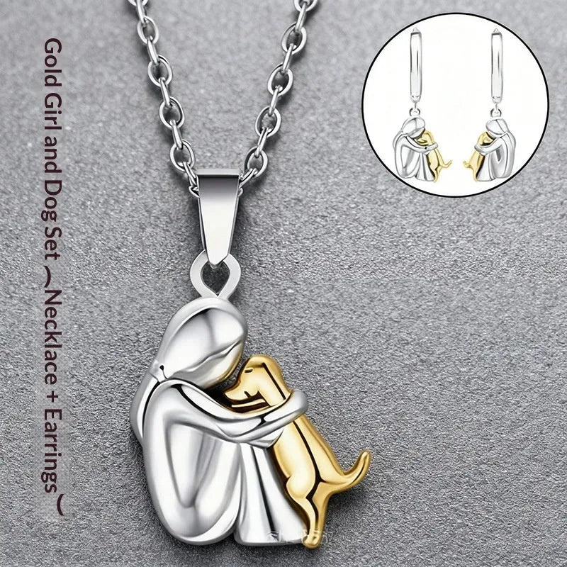 Little girl and dog hugging alloy earring set with O-ring chain necklace in colour option