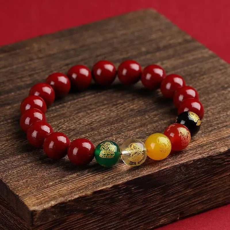 Five Gods of Wealth cinnabar bracelet with natural stone beads and animal carvings