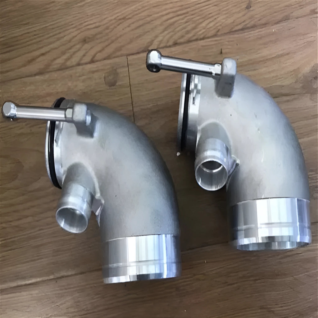 Black aluminium 90 degree turbo elbow connector for lateral engine positioning