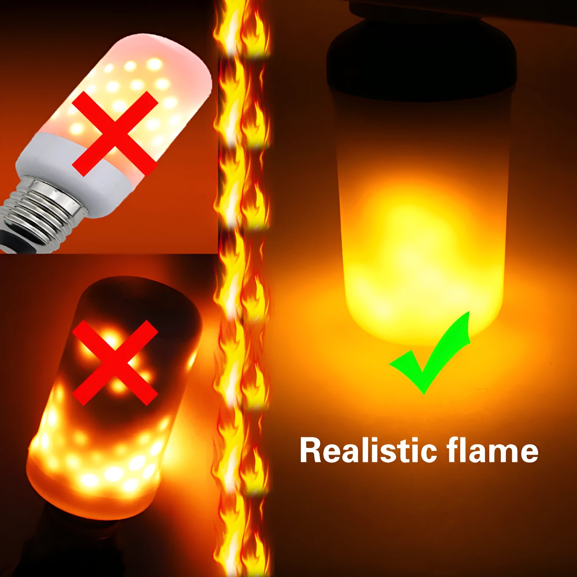 Close-up of a decorative LED light bulb emitting a realistic orange and yellow flickering flame effect.