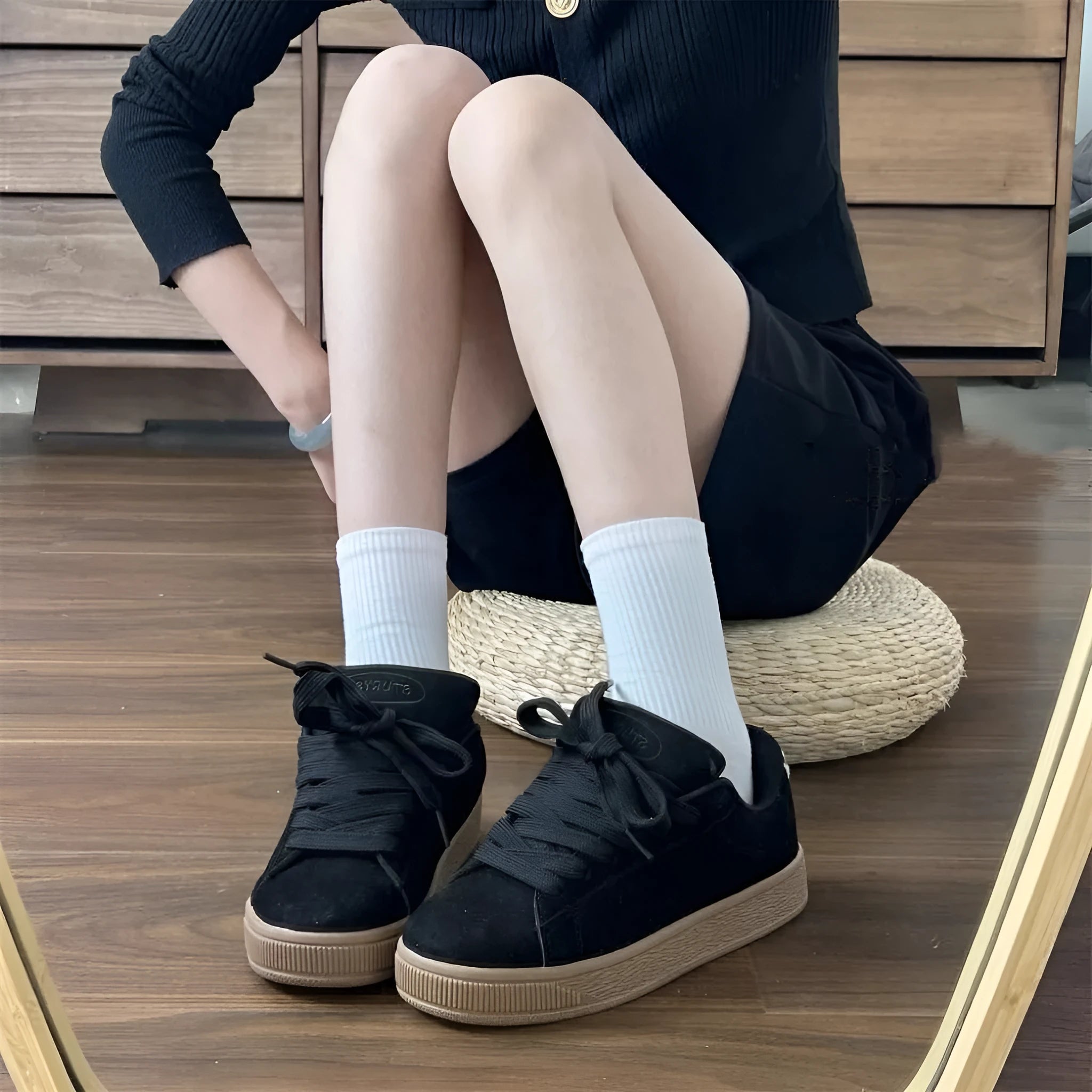 Black retro low-top sneakers with waterproof platform and English muffin heel