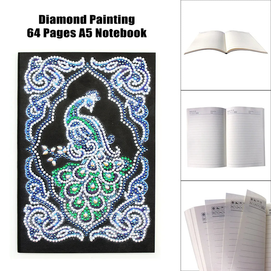Black A5 peacock diamond painting notebook with shaped and bright drills