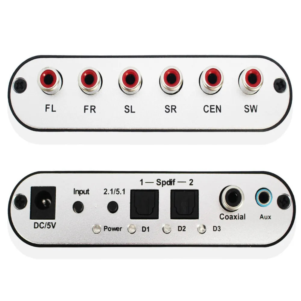 Black DTS Dolby Digital AC3 audio decoder with optical and coaxial inputs for 5.1 channel surround sound