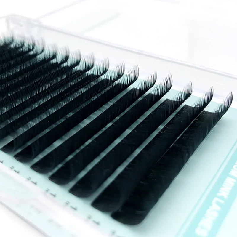 Soft velvet artificial fibre false eyelashes showing range of curl styles and lengths from 7mm to 15mm.