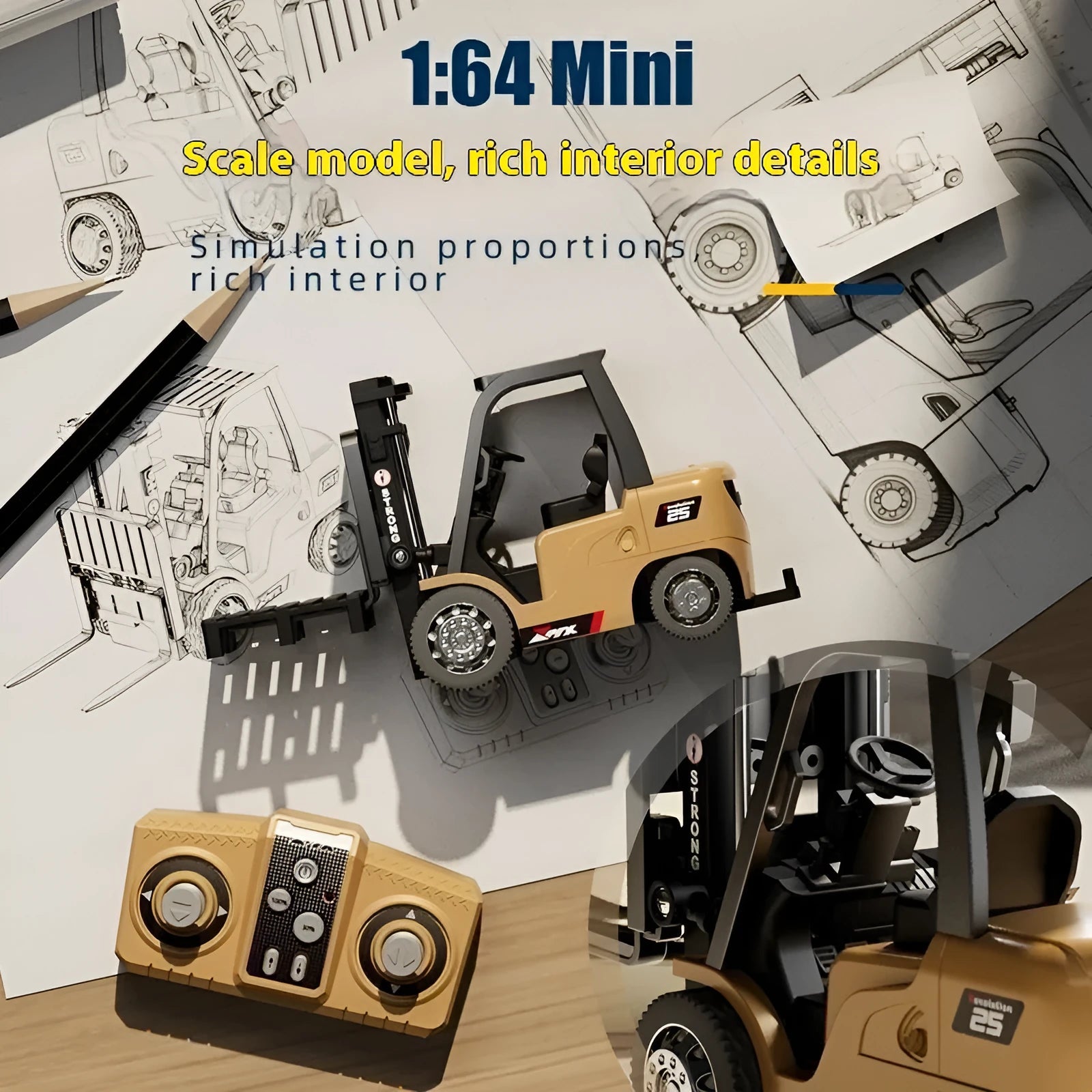 Miniature alloy remote control forklift toy with cargo hook and pallet at 1:64 scale