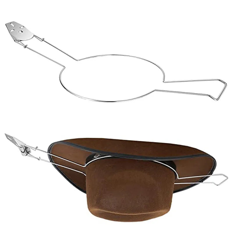 Brown chrome-plated metal car hat stand for caps and jackets.