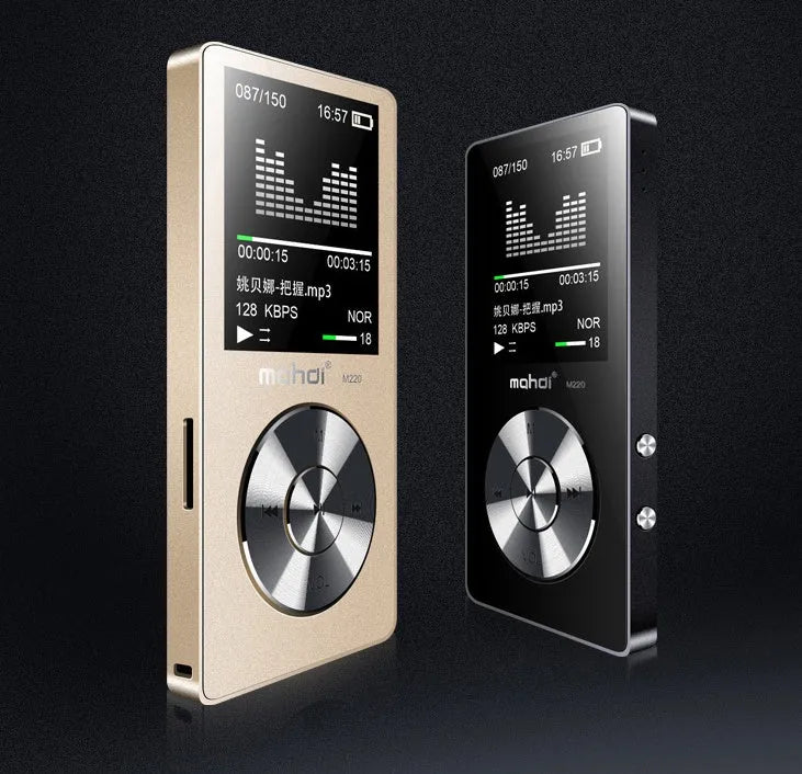 Gold metal MP3 player with 1.8-inch screen showing music playback interface