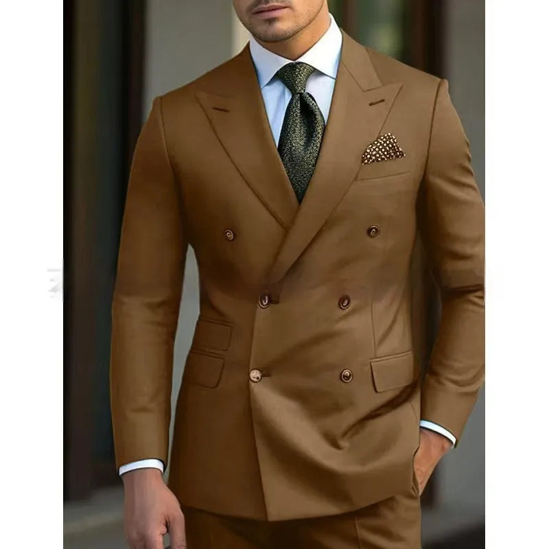 Men's light business style two-piece suit jacket and trousers on a hanger.