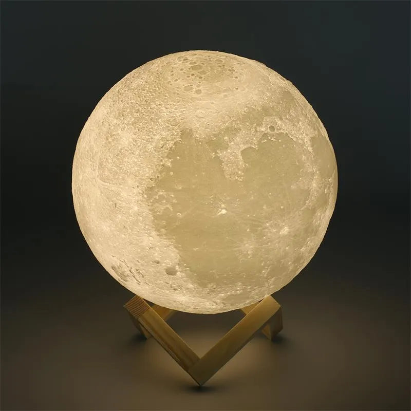 3D-printed white moon lamp on wooden stand with touch-sensitive metal ring base