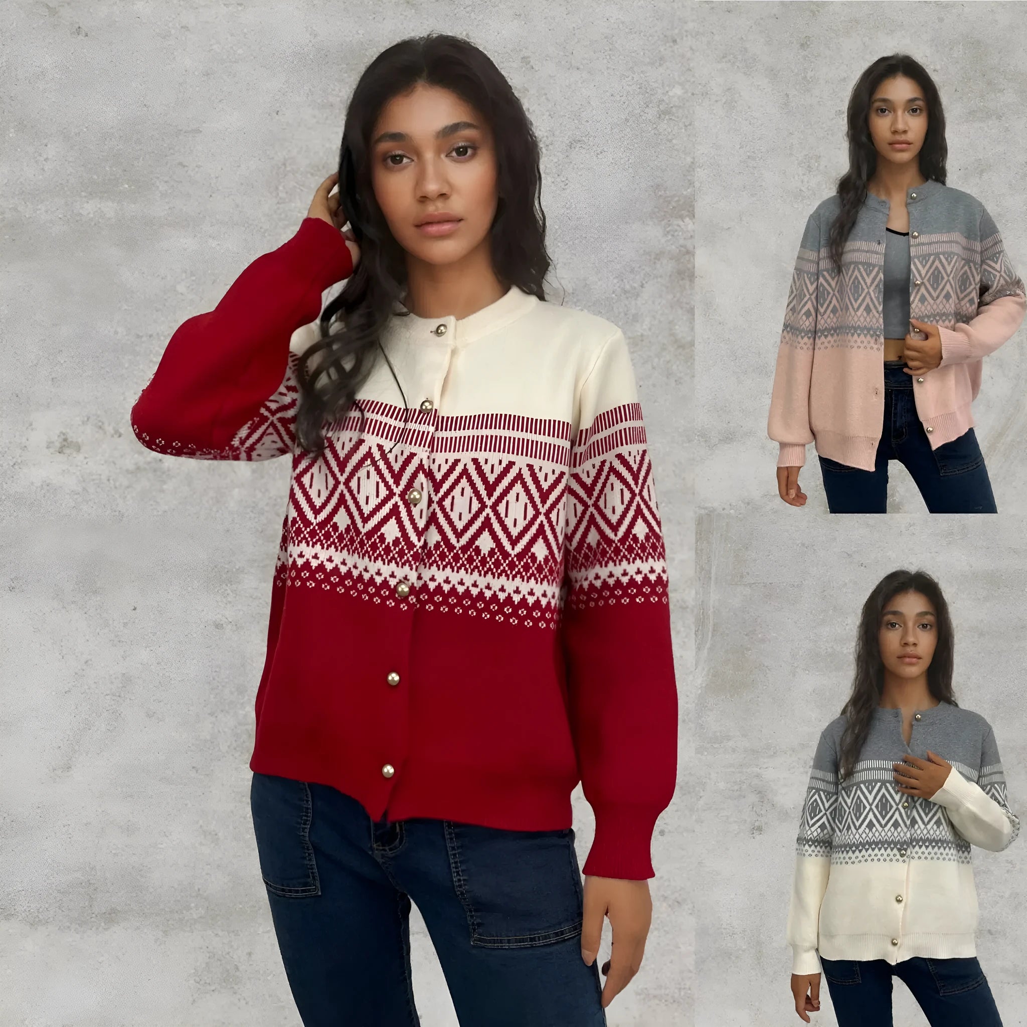 Women's red alpaca wool cardigan with grey and white diamond pattern and long sleeves