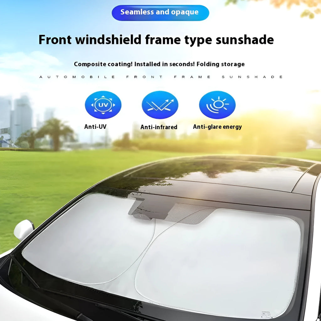 Universal fit aluminium foil car windscreen sunshade showing titanium silver reflective surface.