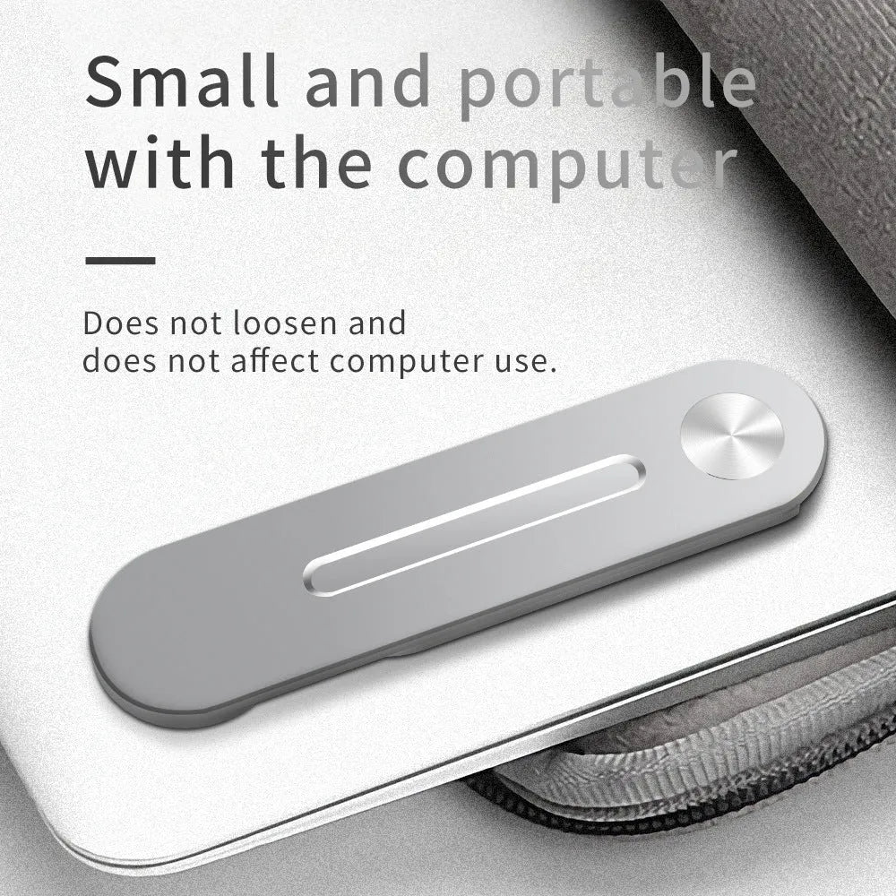 Silver aluminium laptop side mount bracket holding a mobile phone next to a laptop screen.