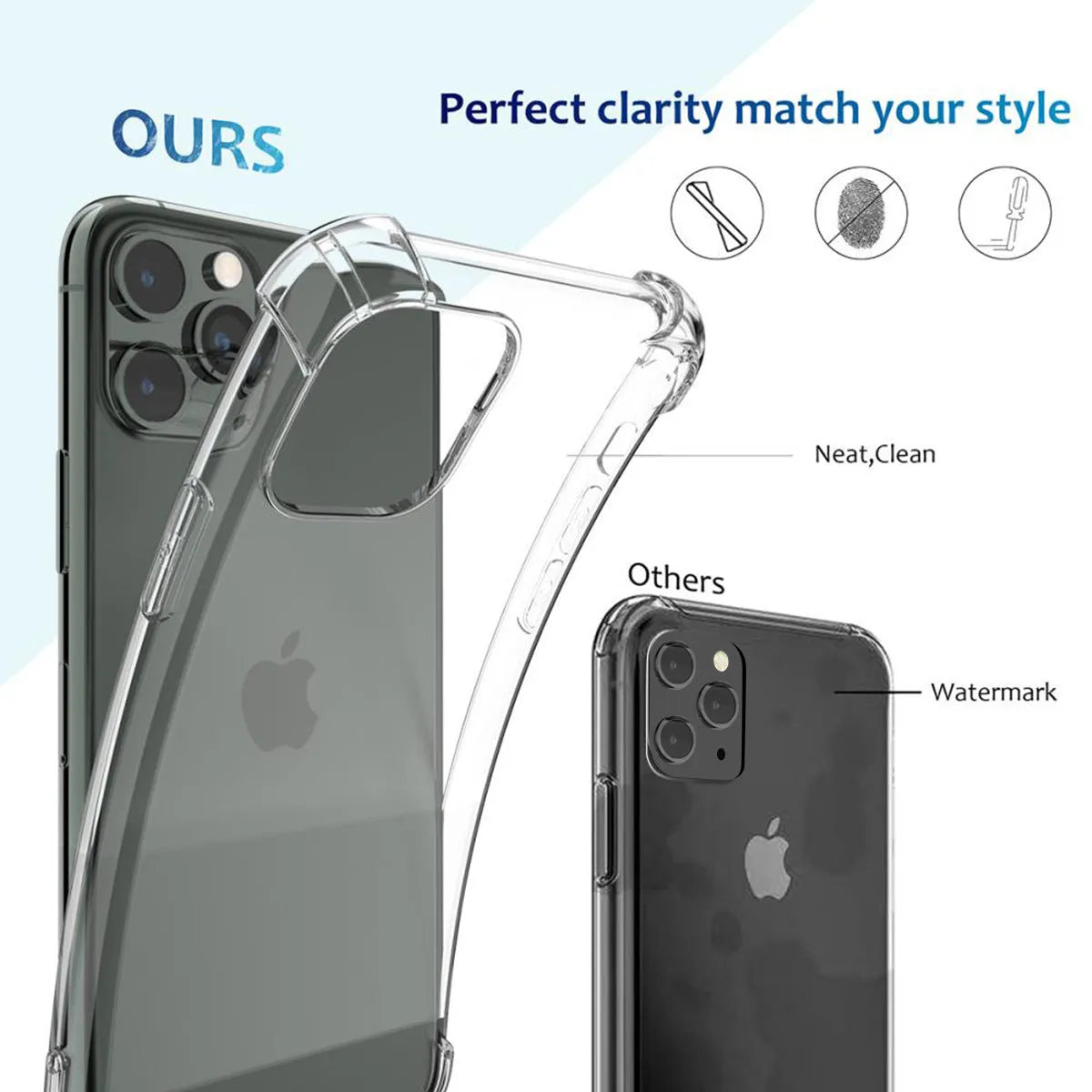 Clear transparent shockproof TPU phone case for iPhone models on a table.