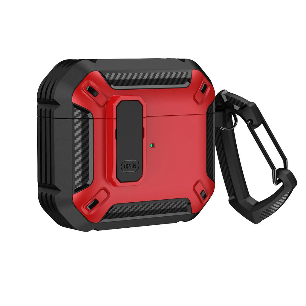 Two-tone plastic clamshell protective case for Apple AirPods charging case with a detachable hook.