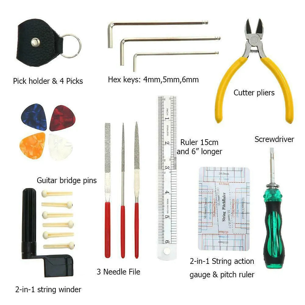 Black plastic case of guitar repair tool kit with metal components for instrument maintenance.