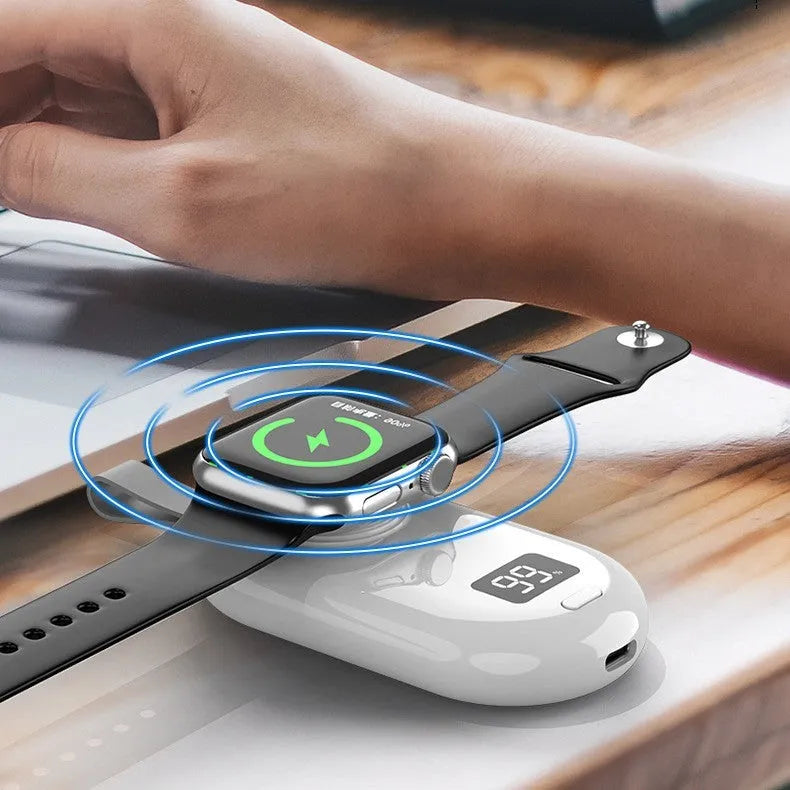 White and black wireless portable power bank for V5 watch with USB-C cable