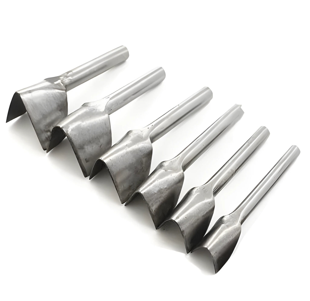 Set of six steel leather craft punch tools in half-round and V shapes, sizes 15mm to 40mm