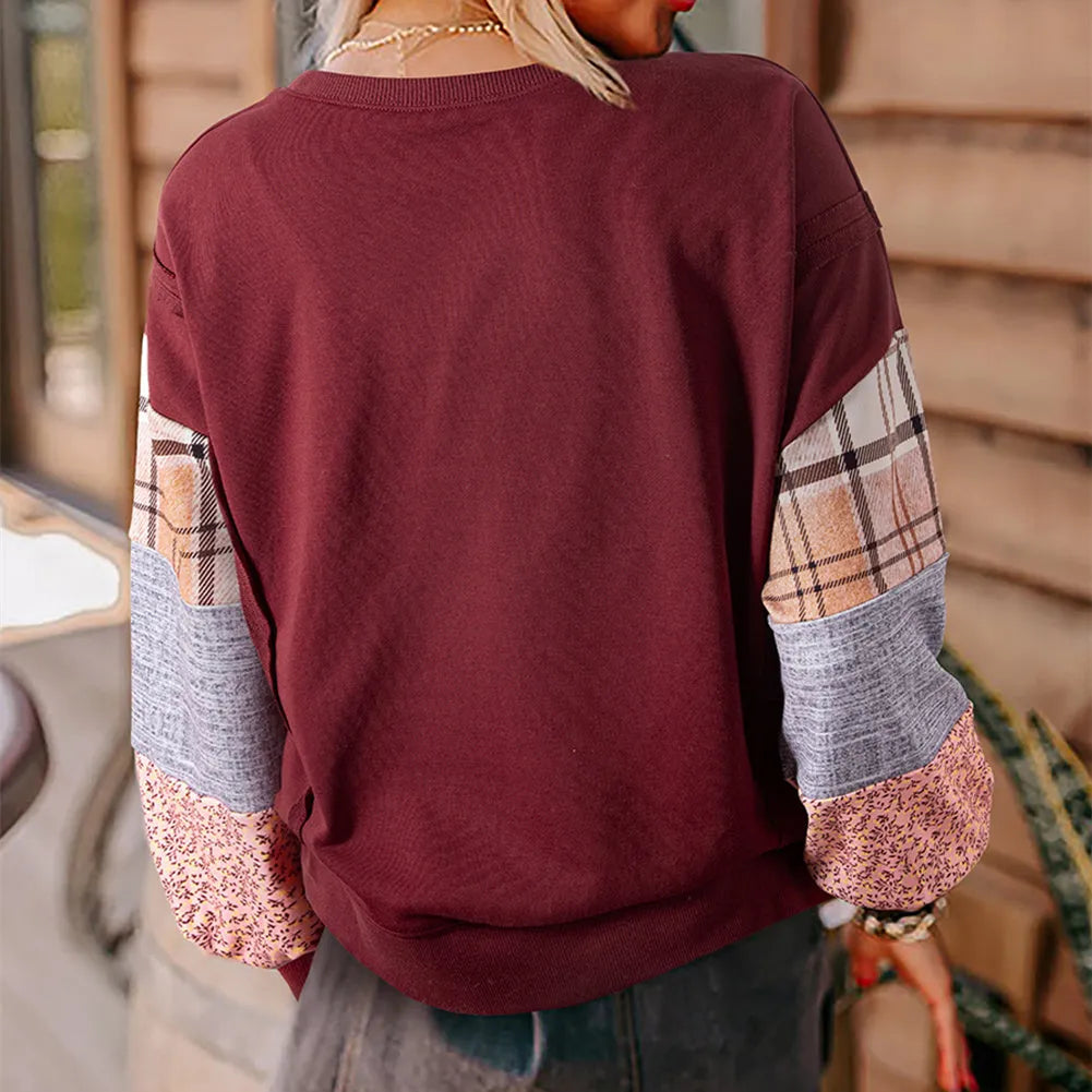 Women's beige and red plaid stitching long-sleeved loose fit casual top.