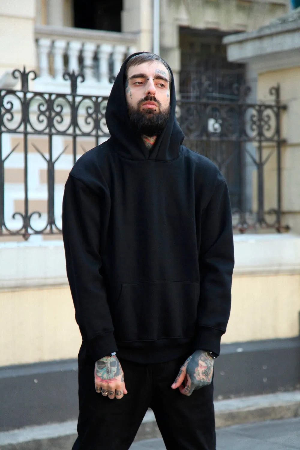 Men's oversize cotton hooded sweater in khaki, front view, hip-hop style with regular sleeves and hood