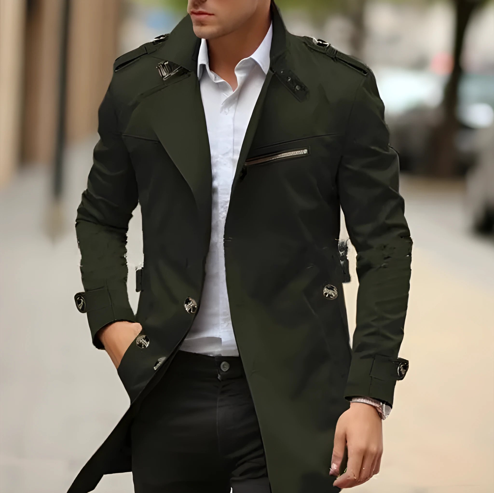 Men's solid colour lapel mid-length casual jacket in autumn colours with side seam pockets
